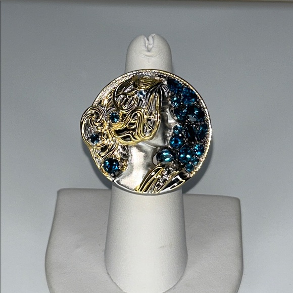 Flowing Hair Beauty Matte Sterling Gold Accent London Blue Topaz Designer Ring - Picture 1 of 9